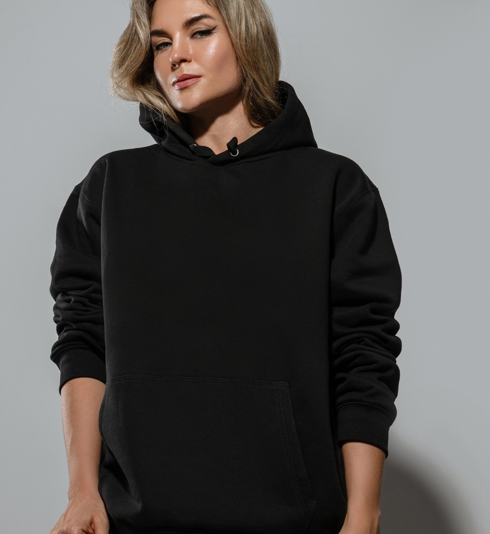 Black hoodie worn by a person, shown from front and back on a gray background