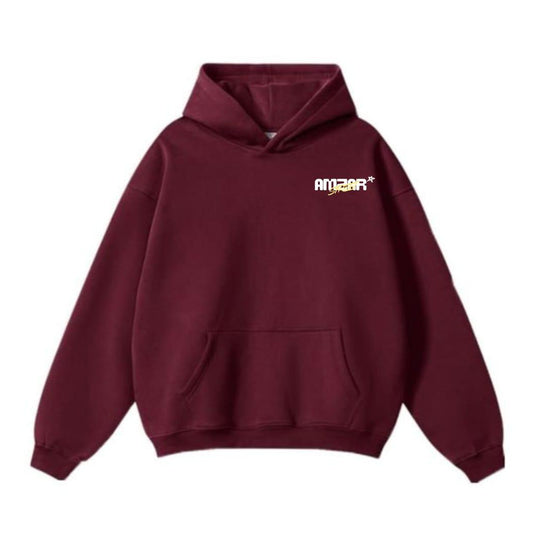 Maroon hoodie with a brand logo on a white background